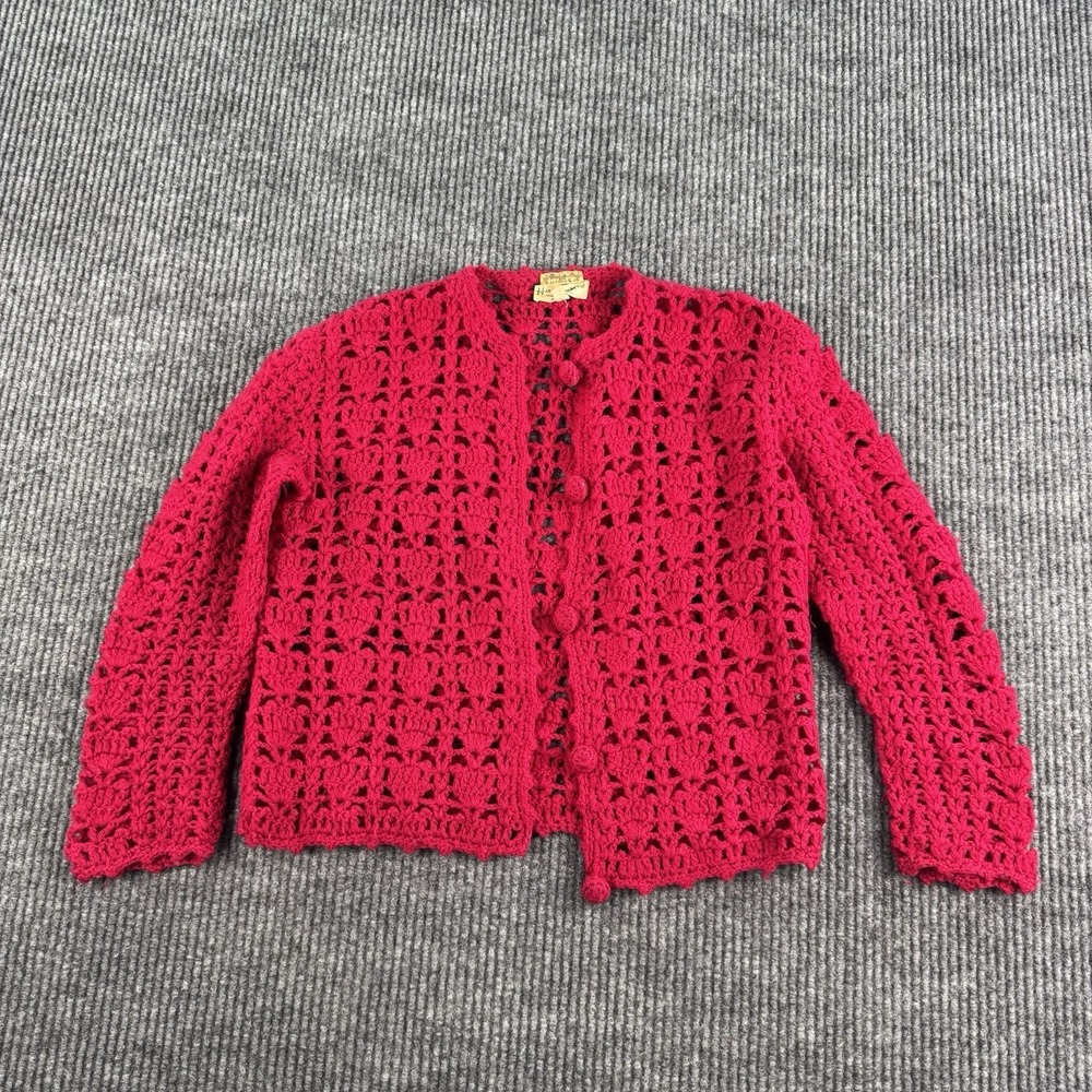 Vintage B Altman & Co Cardigan Sweater Women S Red Crochet Wool Handmade Italy